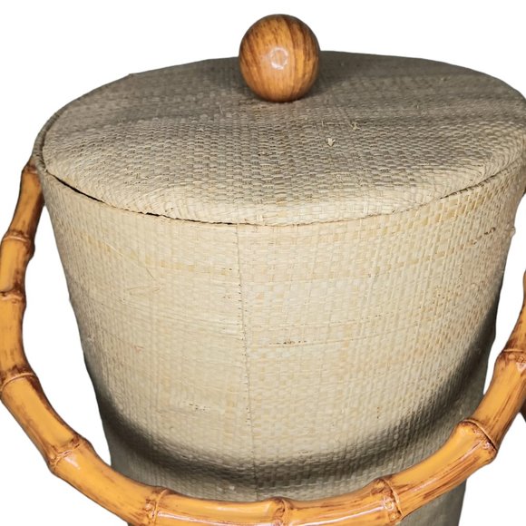 SOLD - Ice Bucket Grasscloth Raffia Faux Bamboo Handle MatchingTongs MCM BOHO - Picture 4 of 13